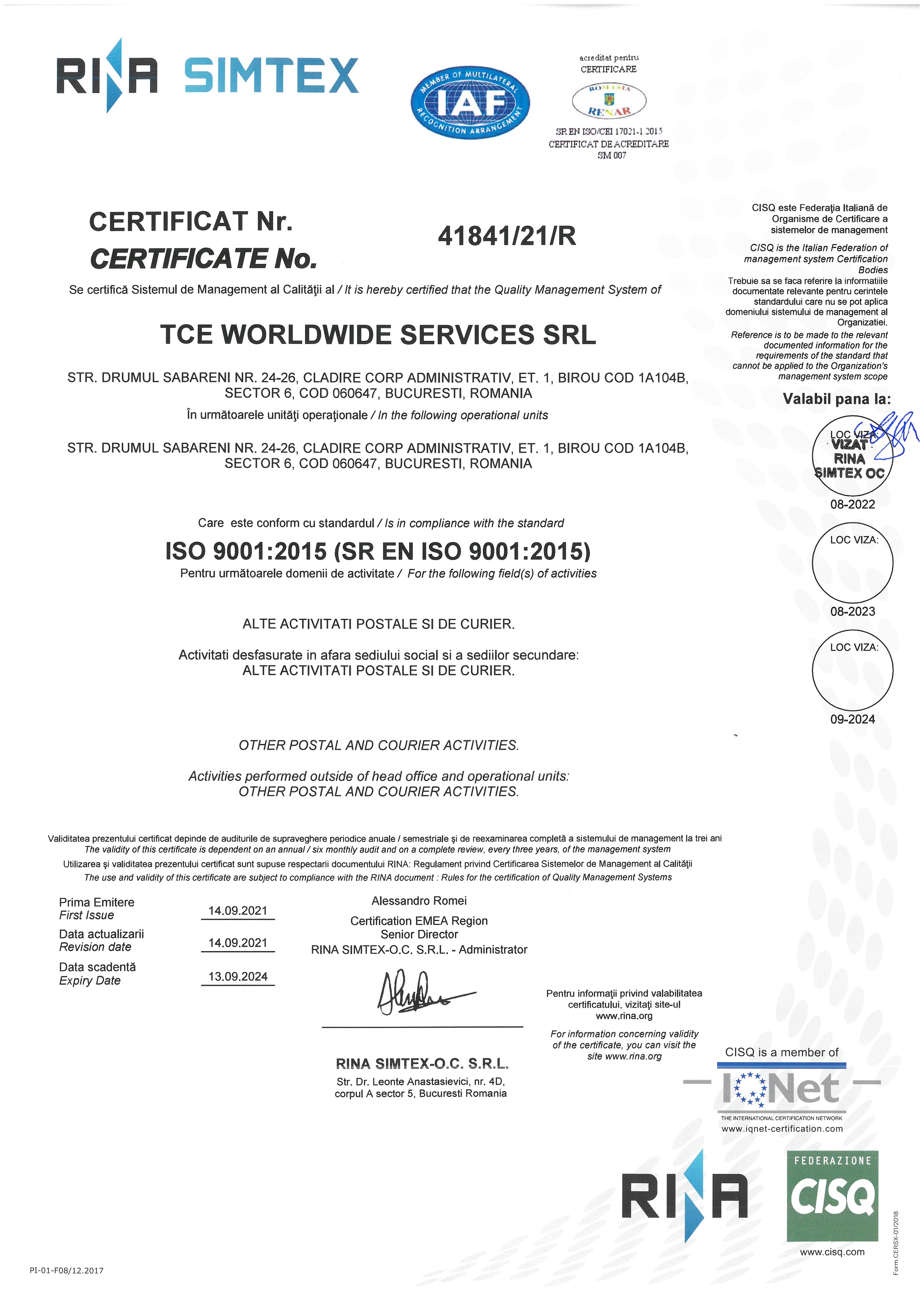 TCE WORLDWIDE SERVICES-9001-CERTIFICAT-RENAR